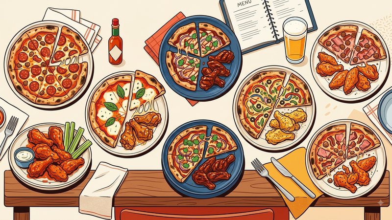 Аппетитный набор из горячей пиццы и мясных крылышек на столе в современном стиле